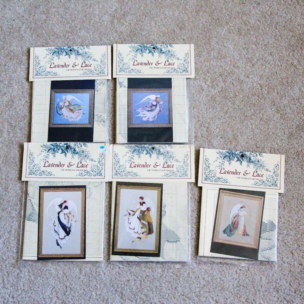 5 Lavender & Lace Victorian Designs Female Angels Cross Stitch Pattern Charts